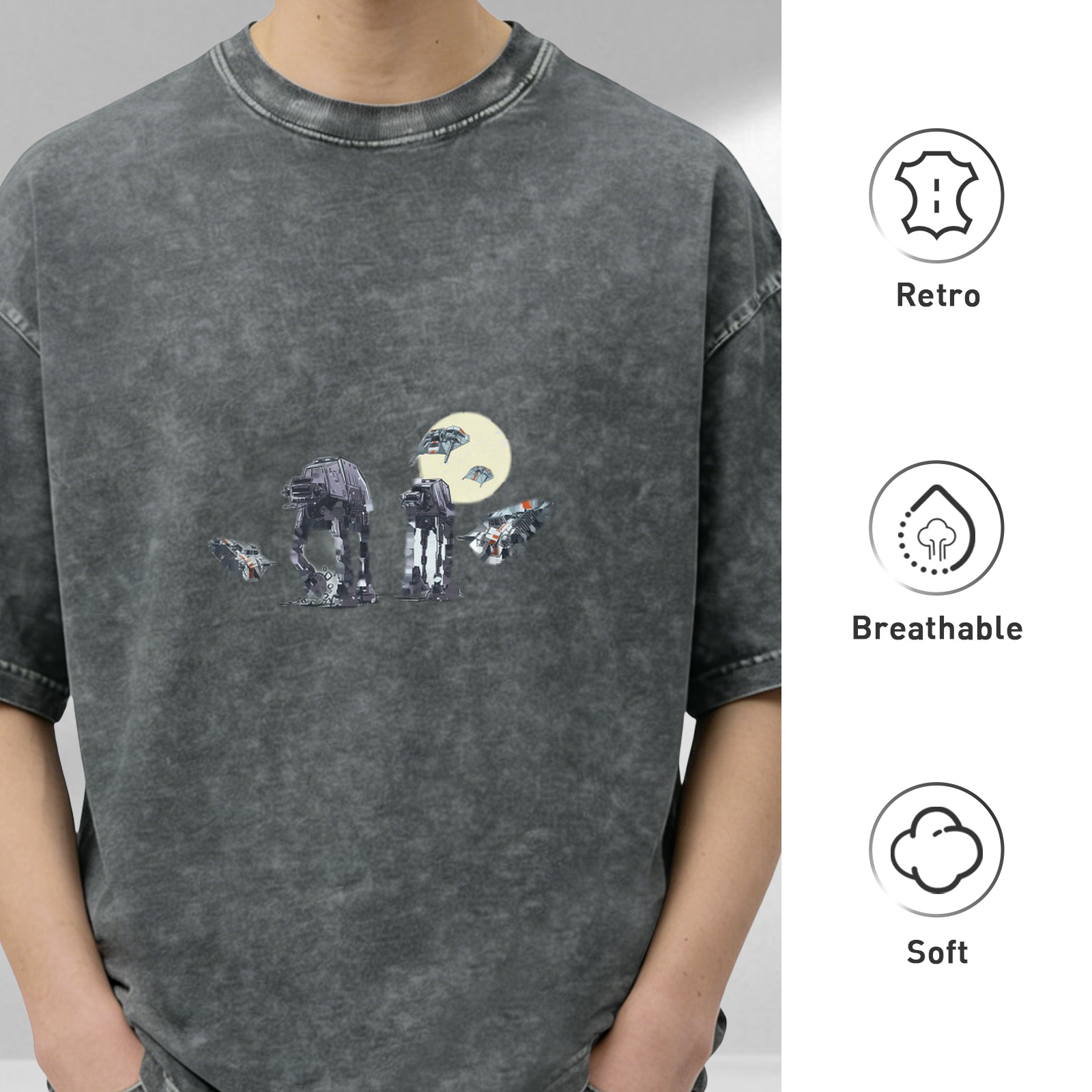 Washed black graphic t-shirt with Star Wars AT-AT and space ships design