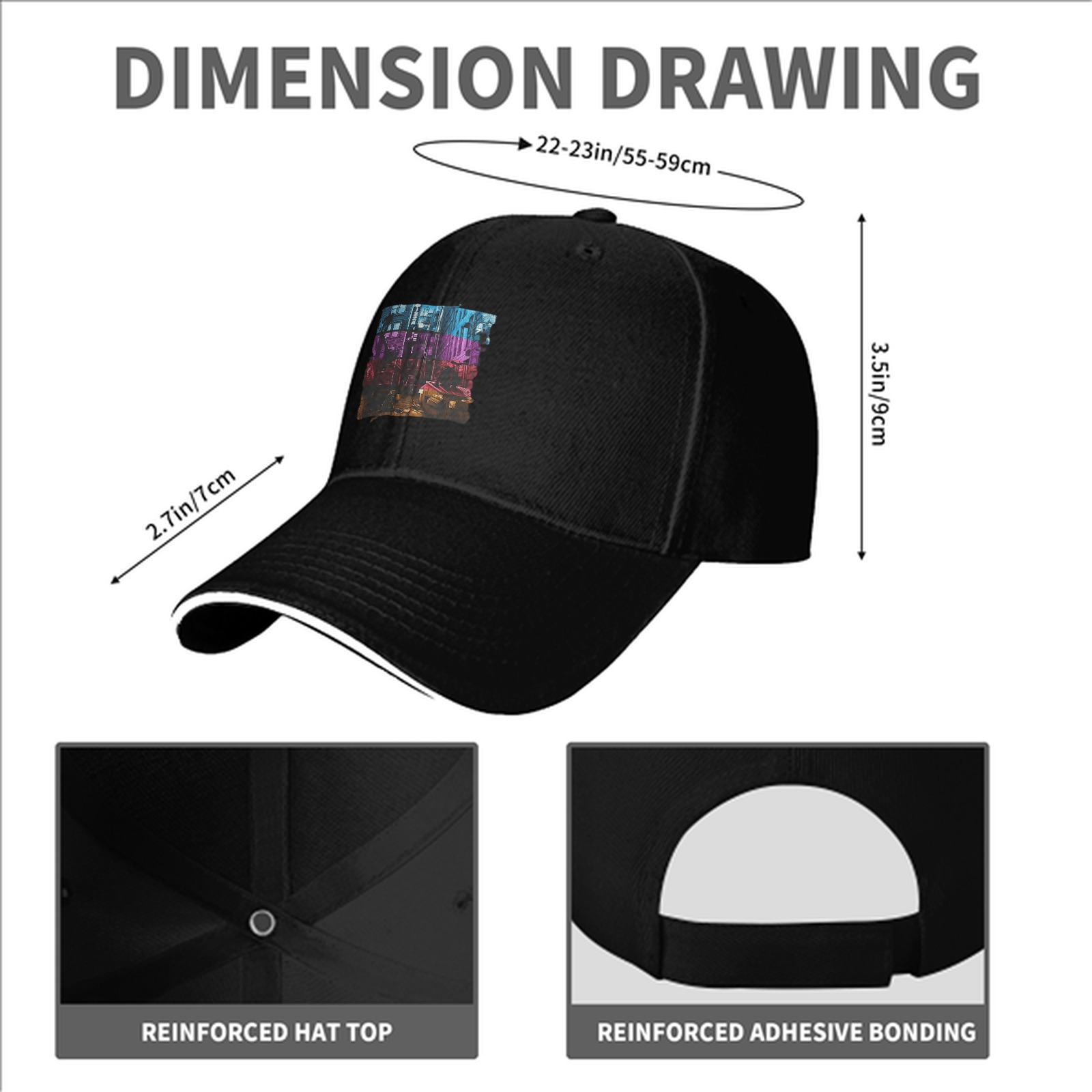 Black Baseball Cap with Neon Cyberpunk Cityscape Graphic