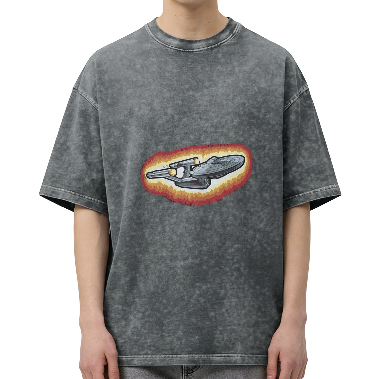 Washed Black T-Shirt with Star Trek Starship Graphic