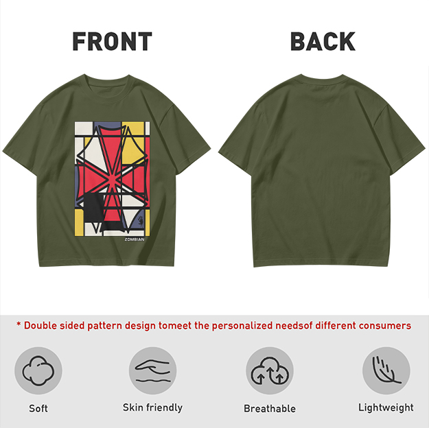 Olive T-Shirt with Mondrian-style Geometric Abstract Graphic Print