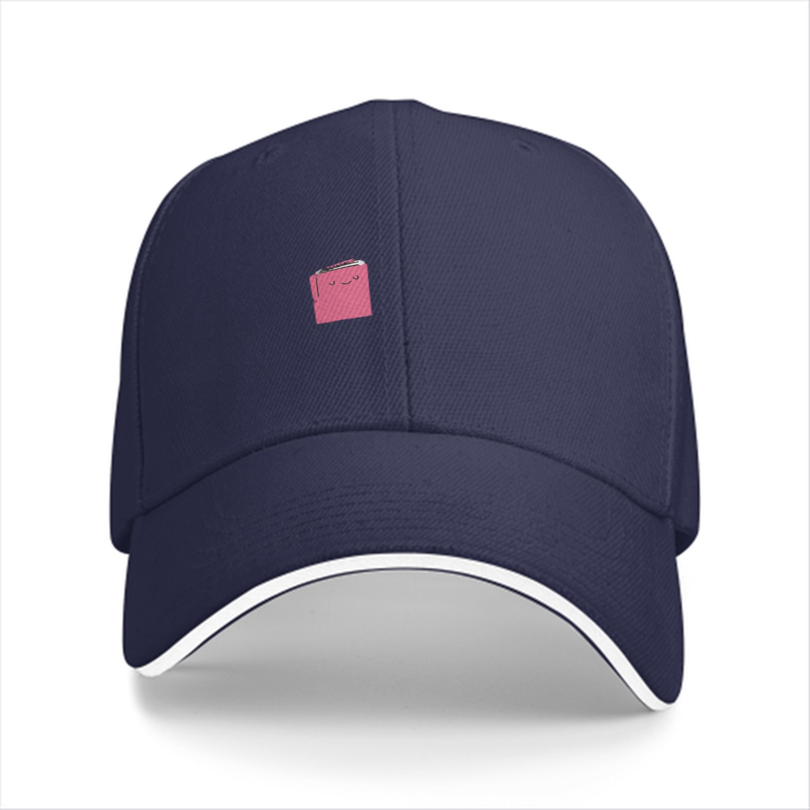 Black Baseball Cap With Small Pink Square Smiley Graphic
