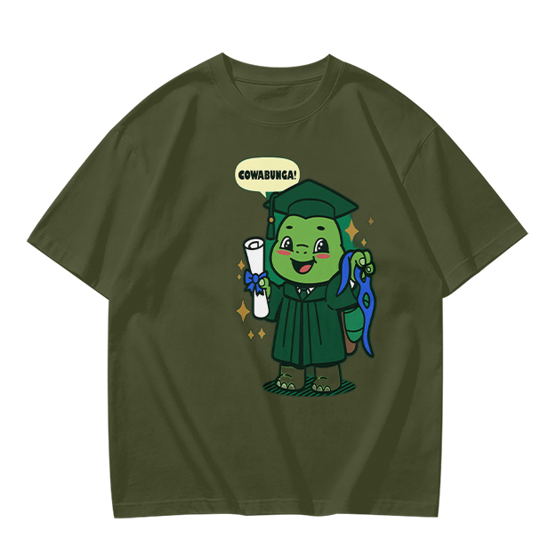 Olive T-shirt with Graduation Turtle Saying Cowabunga