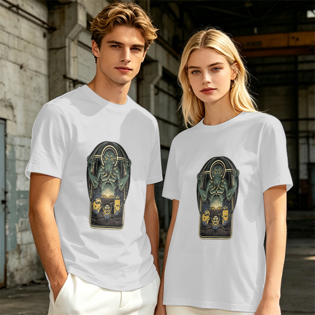 Olive Green T-Shirt with Cthulhu and Minions Graphic Print