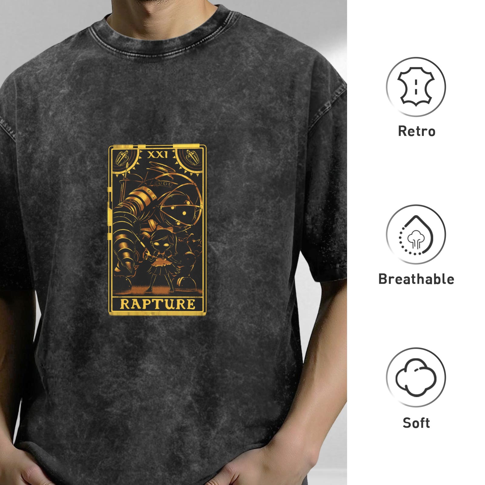 Bioshock Rapture Tarot Card Graphic Acid Wash T-shirt