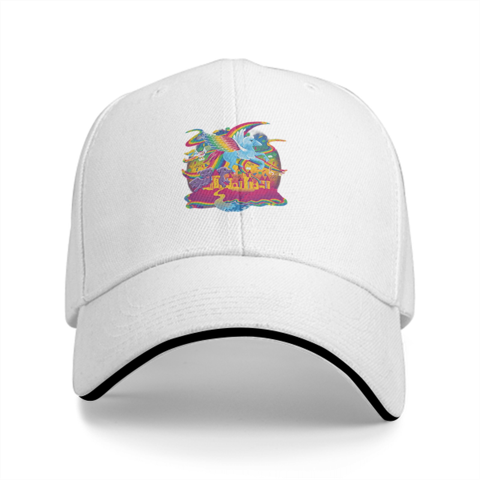 Black baseball cap with vibrant rainbow pegasus fantasy graphic