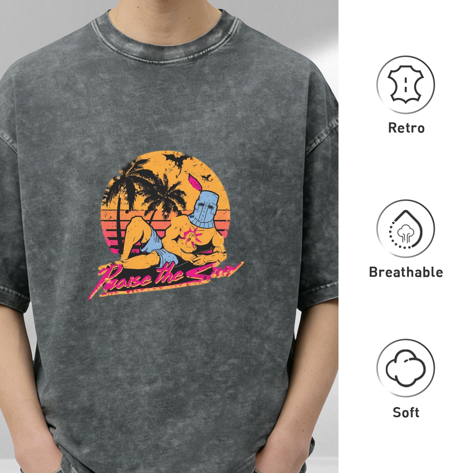 Vintage Acid Wash T-Shirt Praise The Sun Knight Sunset Graphic