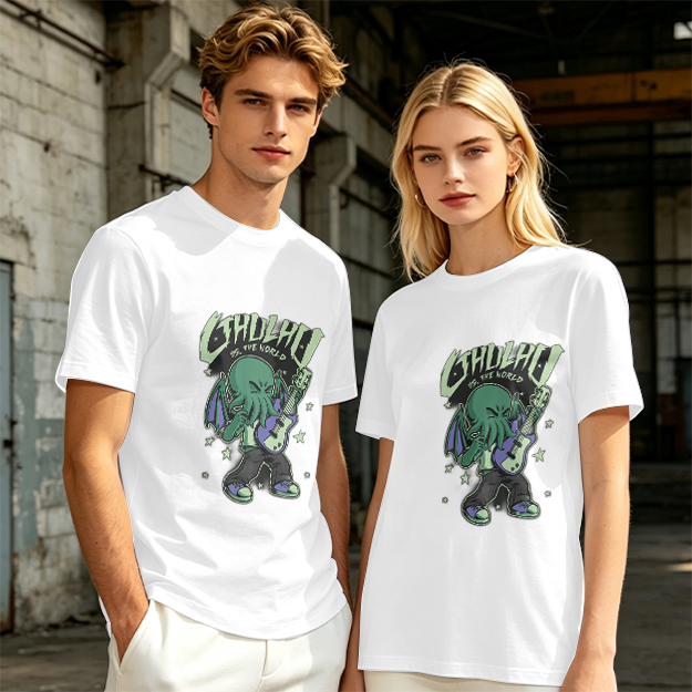 Olive T-Shirt Featuring Chibi Cthulhu Rocking a Guitar