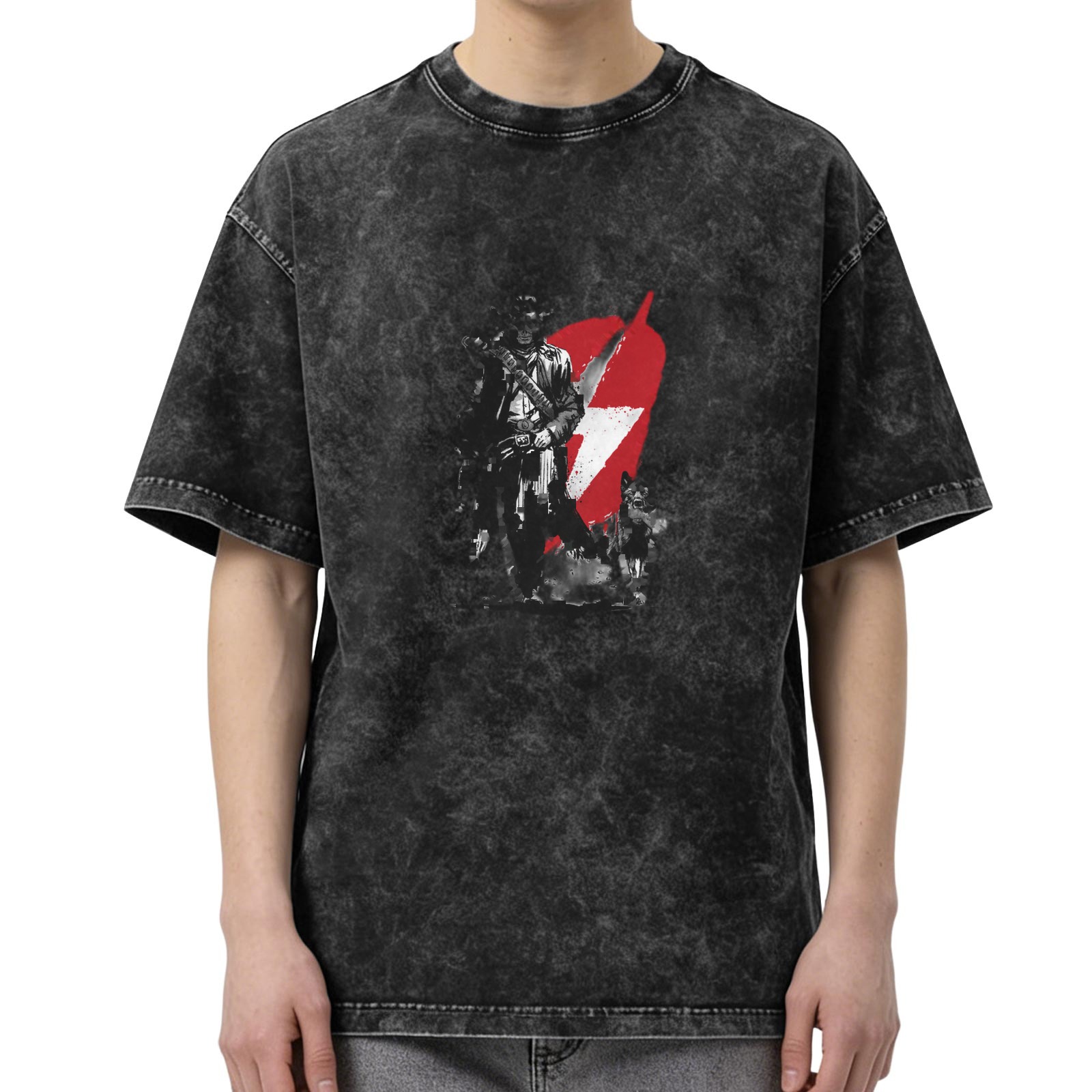 Distressed washed black loose short-sleeved T-shirt with retro pirate style graphic print