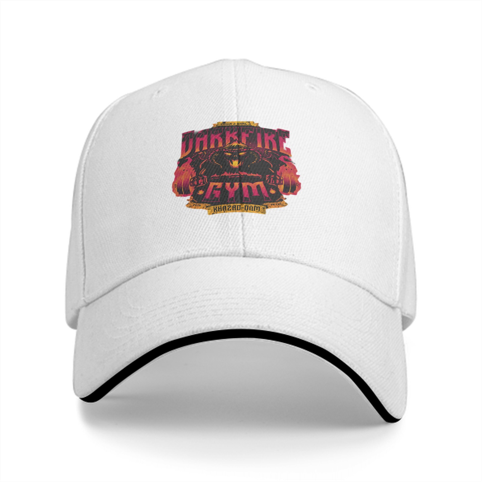 Black baseball cap with Darkfire Gym Khazad-dam graphic print