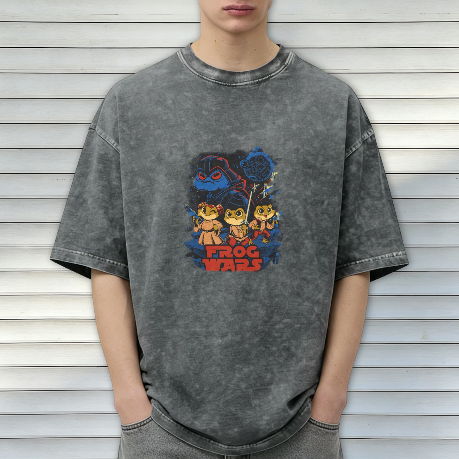 Frog Wars themed distressed short-sleeved T-shirt, casual and loose style
