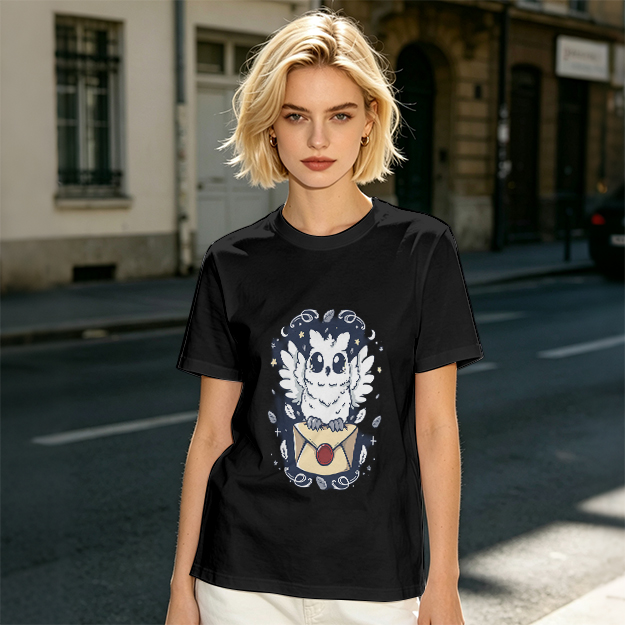 Owl with Envelope and Celestial Details Graphic T-Shirt