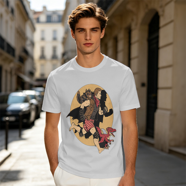 Olive T-Shirt With Fantasy Running Character And Creatures Print