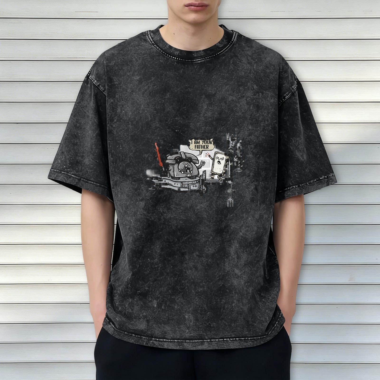 Washed Black T-Shirt With Retro Phone I Am Your Father Graphic