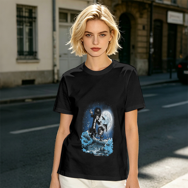 Olive T-Shirt With Gothic Moonlit Water Creature Graphic Print