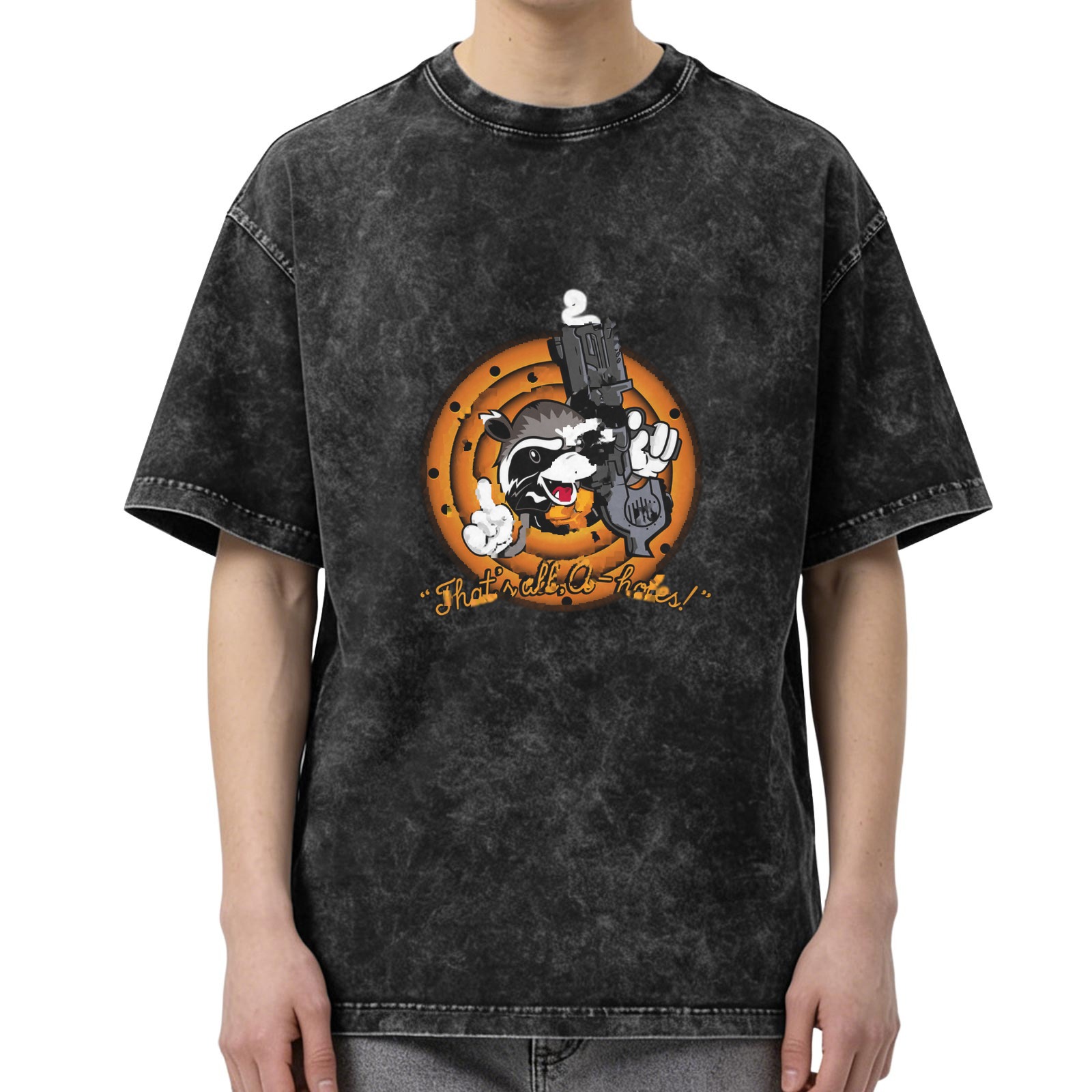 Washed Black Raccoon Gun Graphic T-Shirt With Funny Text