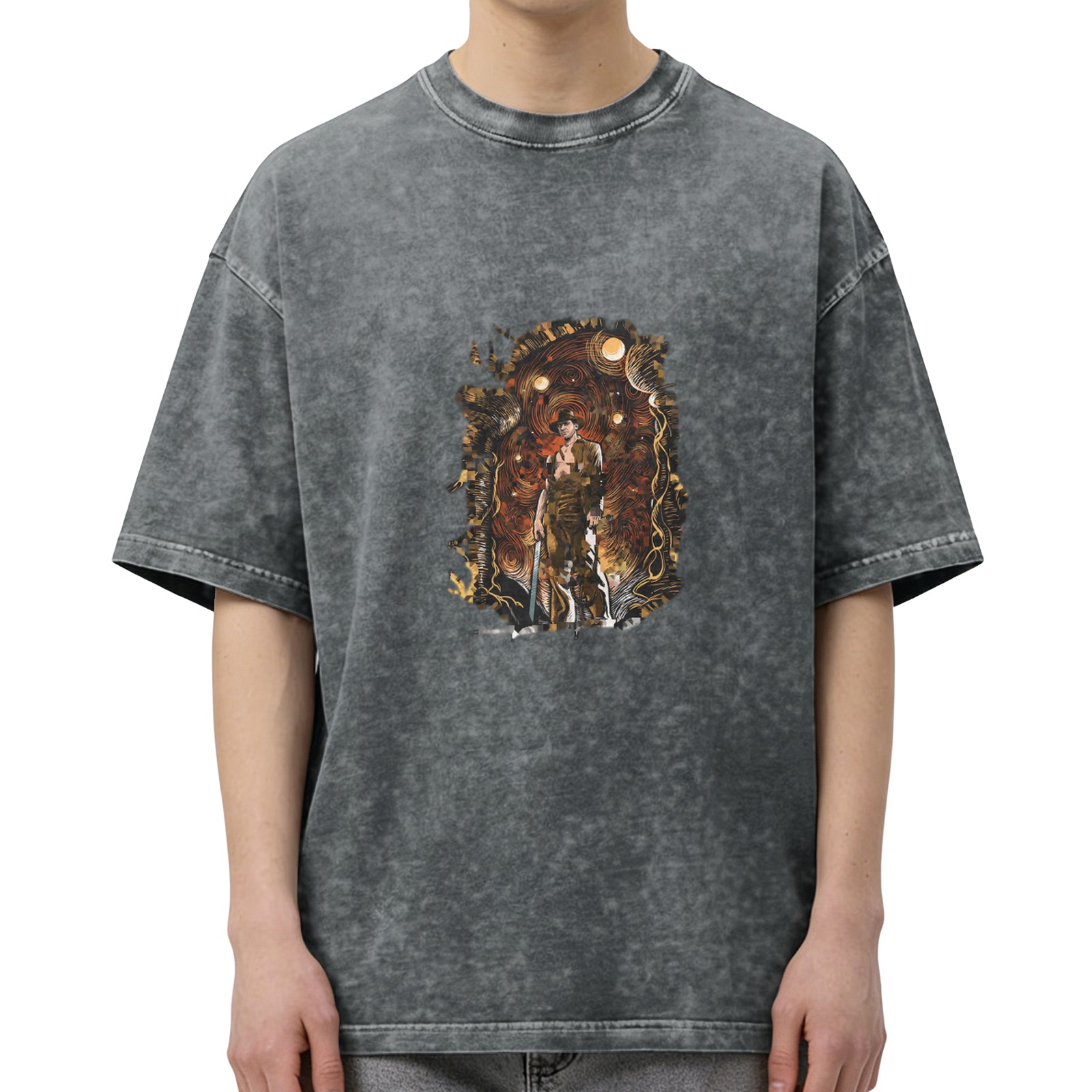 Washed Black Graphic T-Shirt With Adventurer In Mystical Cave Print