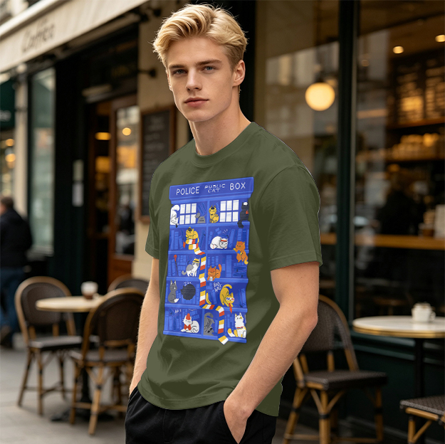 Olive T-Shirt with Police Box and Playful Cats Graphic