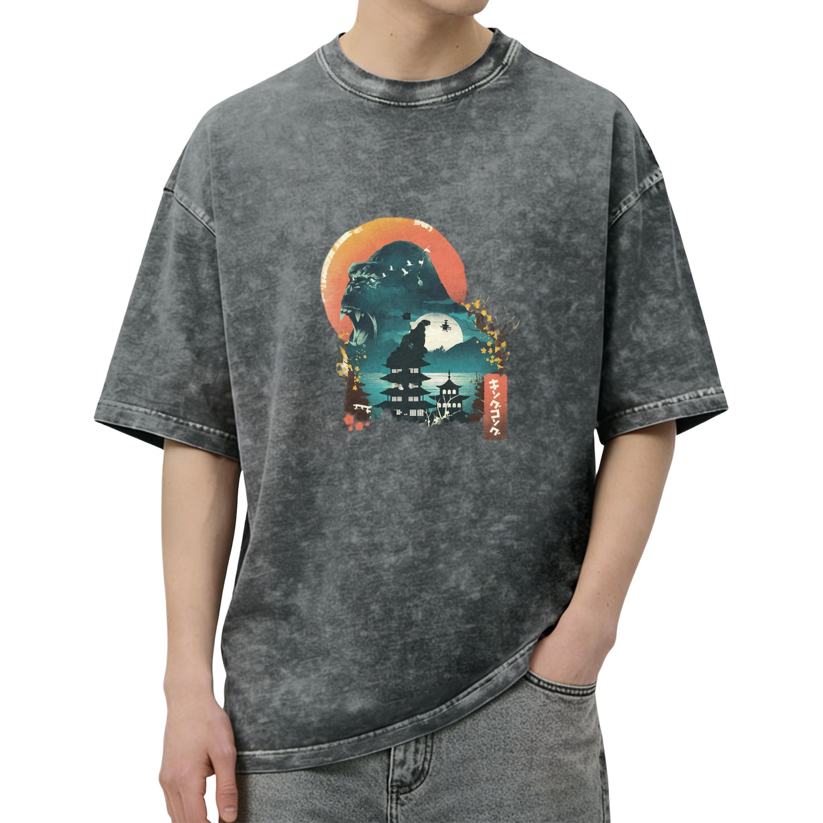 Washed Black Oversized T-Shirt with Japanese Monster Sunset Graphic