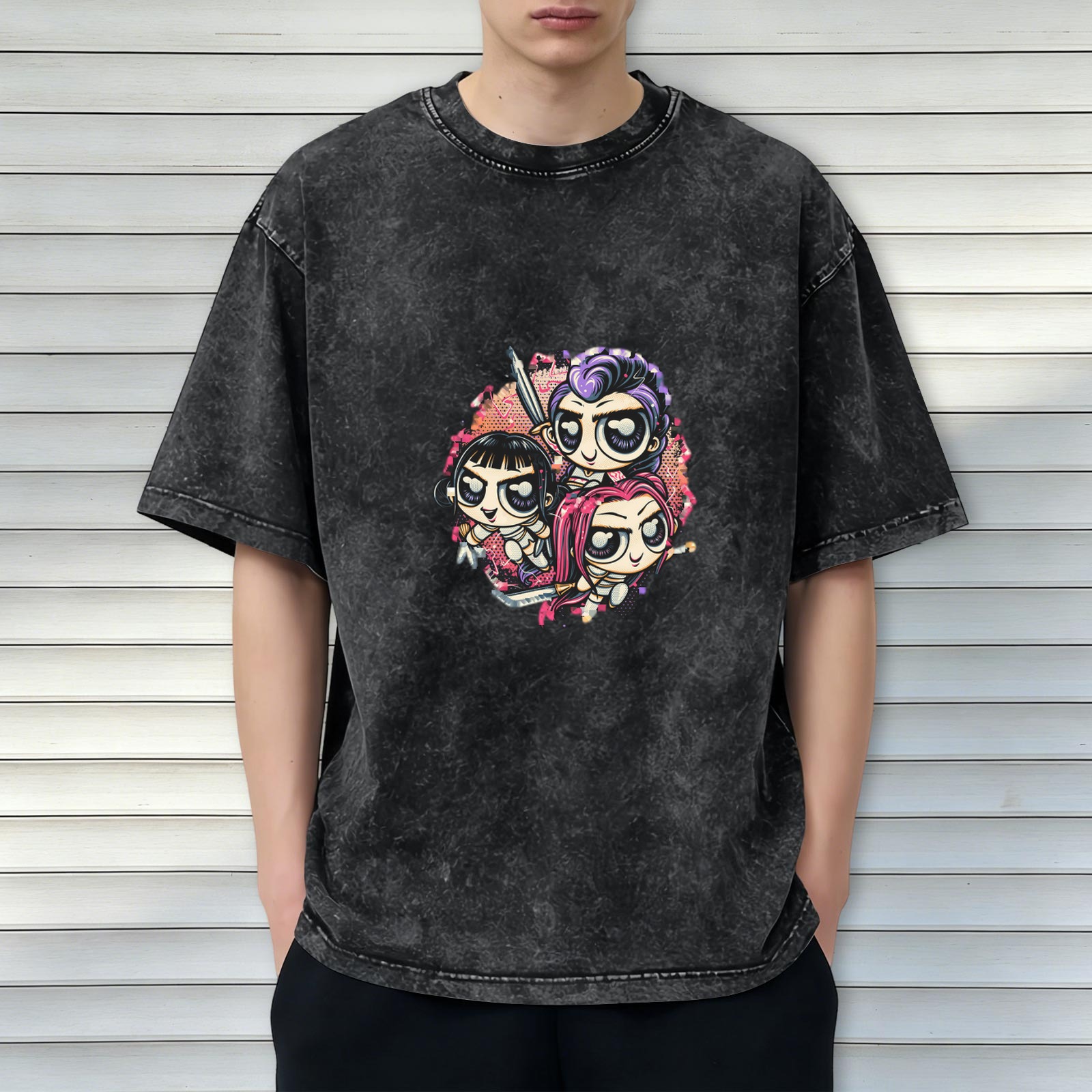 Distressed washed black cartoon print short-sleeved T-shirt
