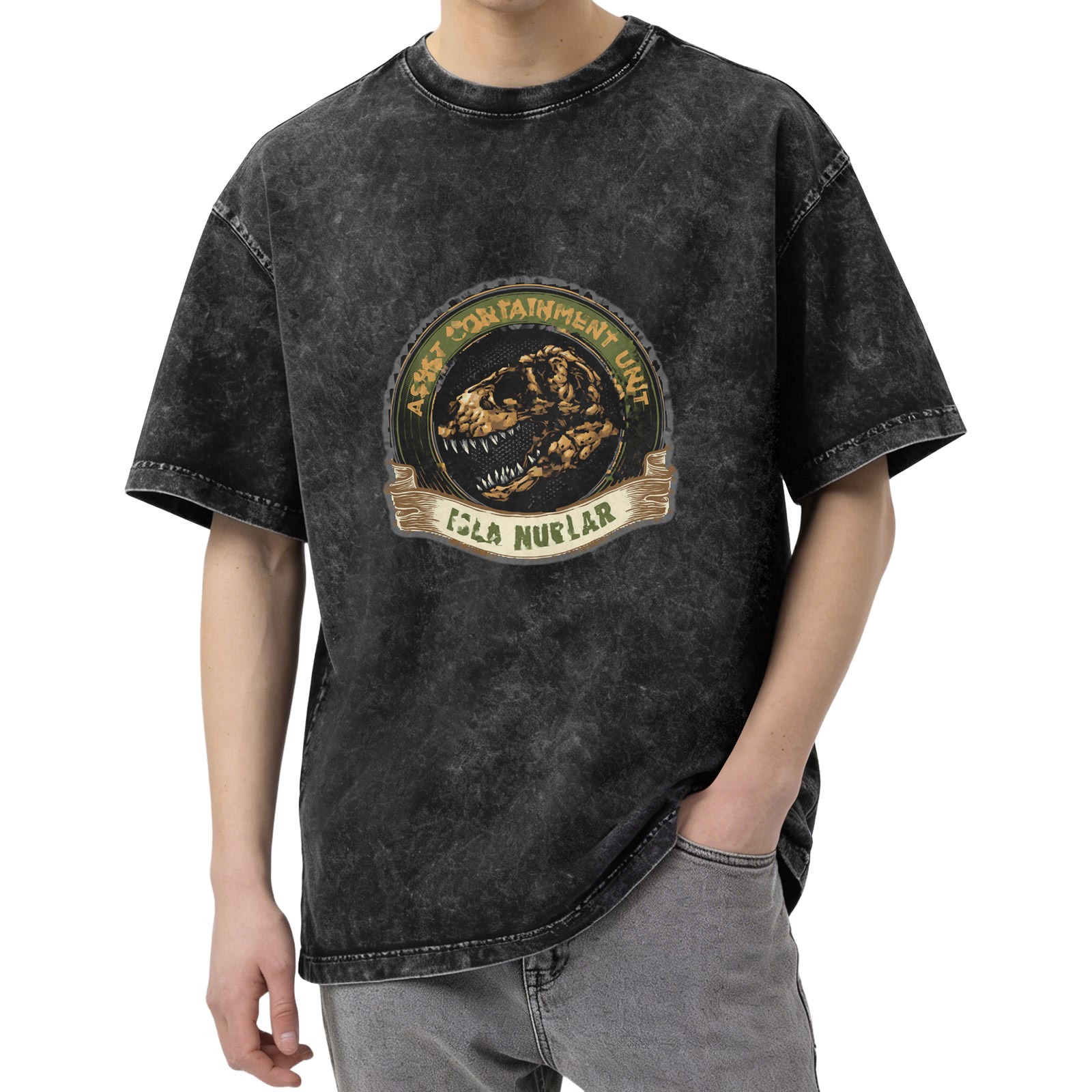 Washed Black T-Shirt with Dinosaur Containment Unit Isla Nublar Graphic