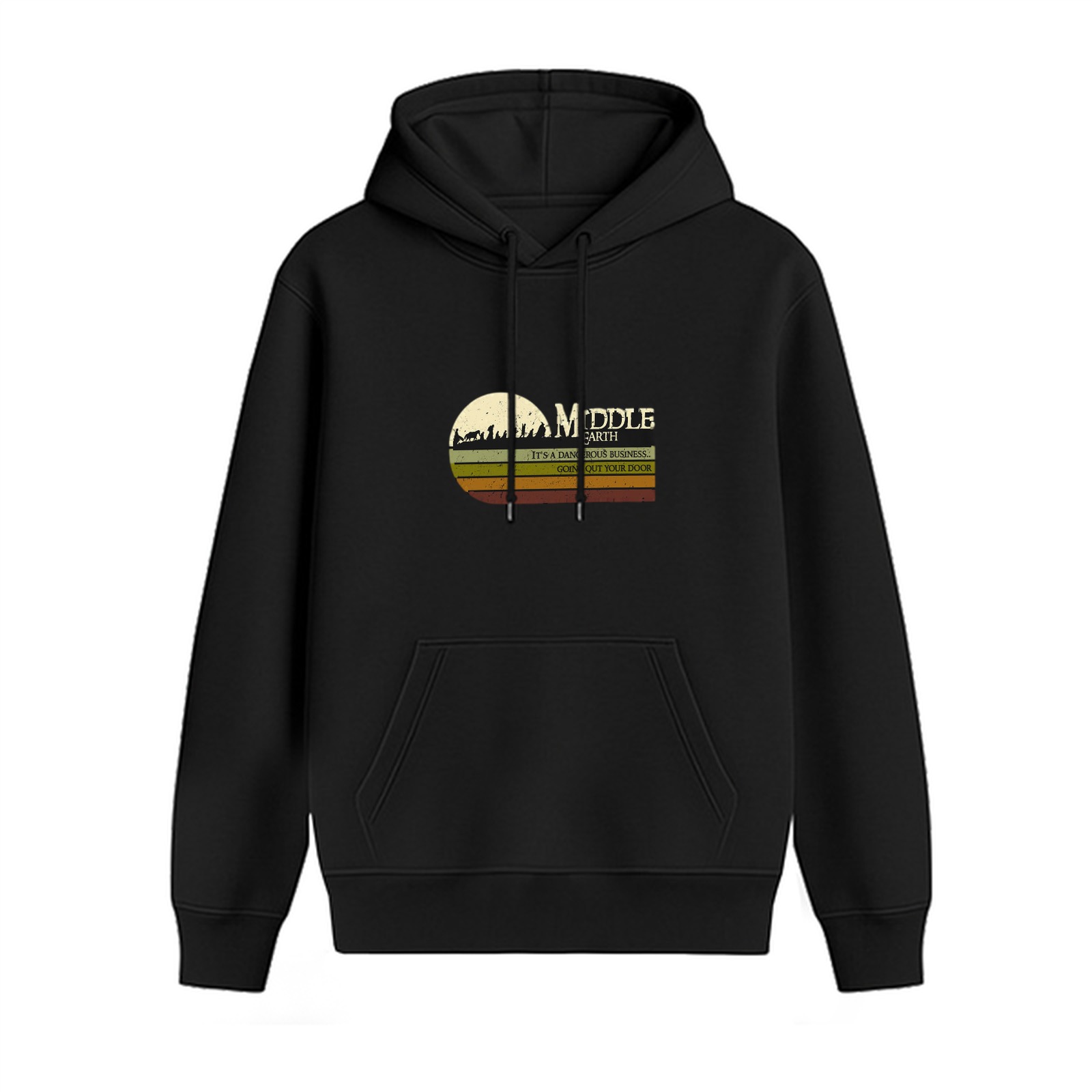 Middle Earth Retro Sunset Graphic Black Hoodie