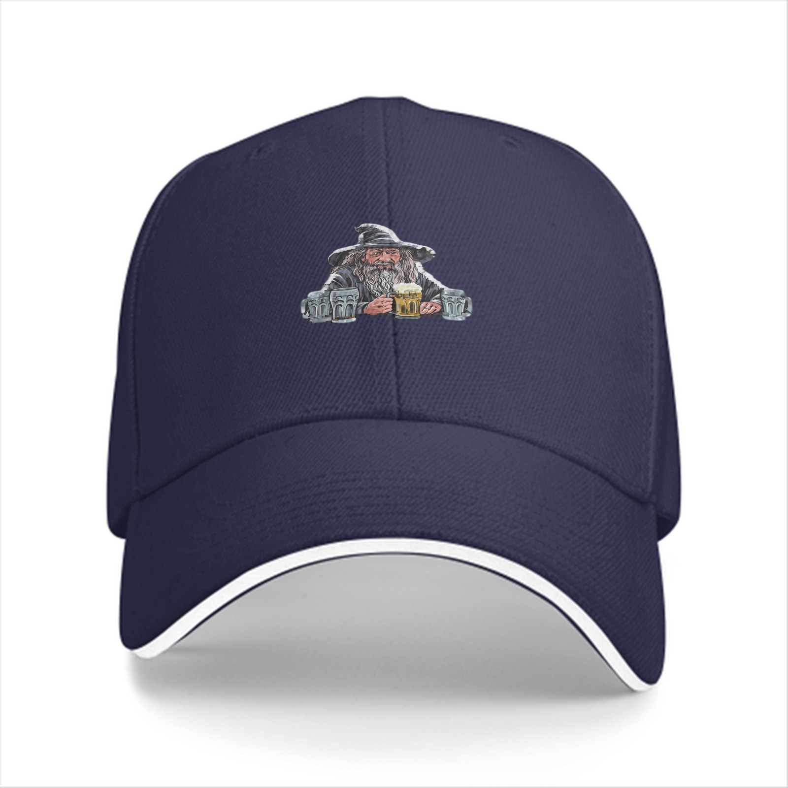 Black baseball cap with wizard holding beer mugs graphic