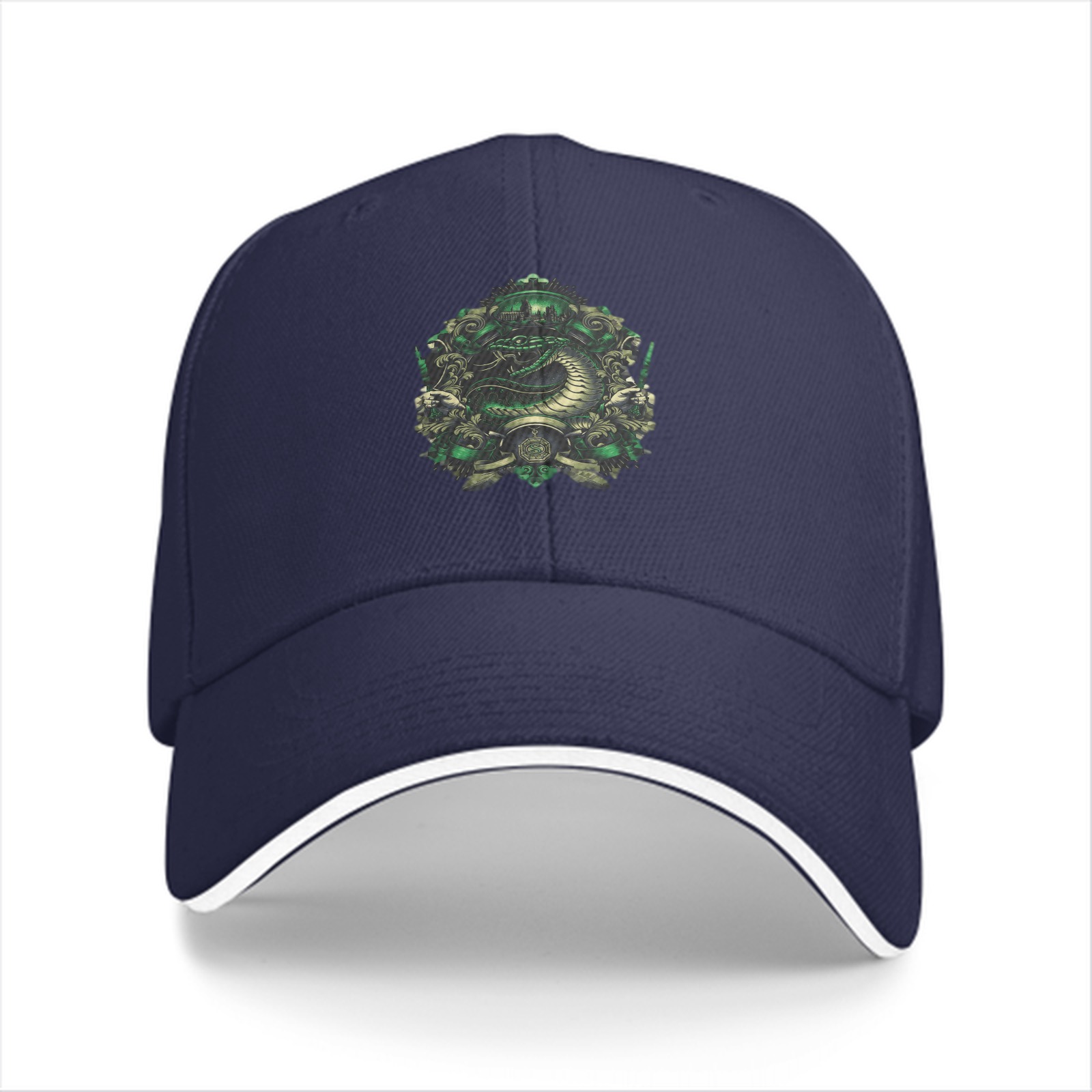 Black Baseball Cap With Green Serpent Emblem Design