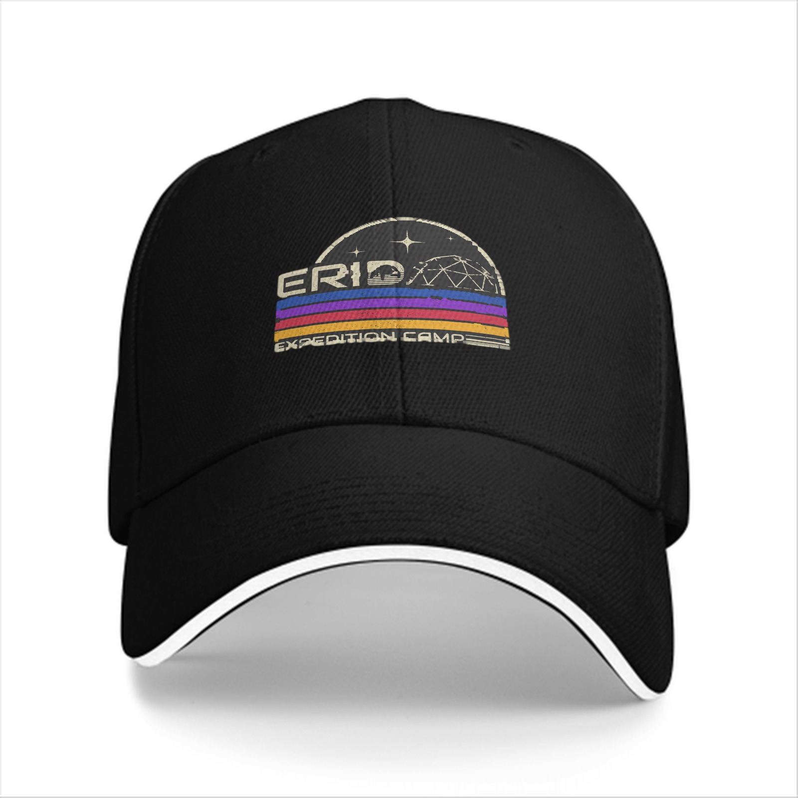 Black baseball cap with retro Erid Expedition Camp graphic