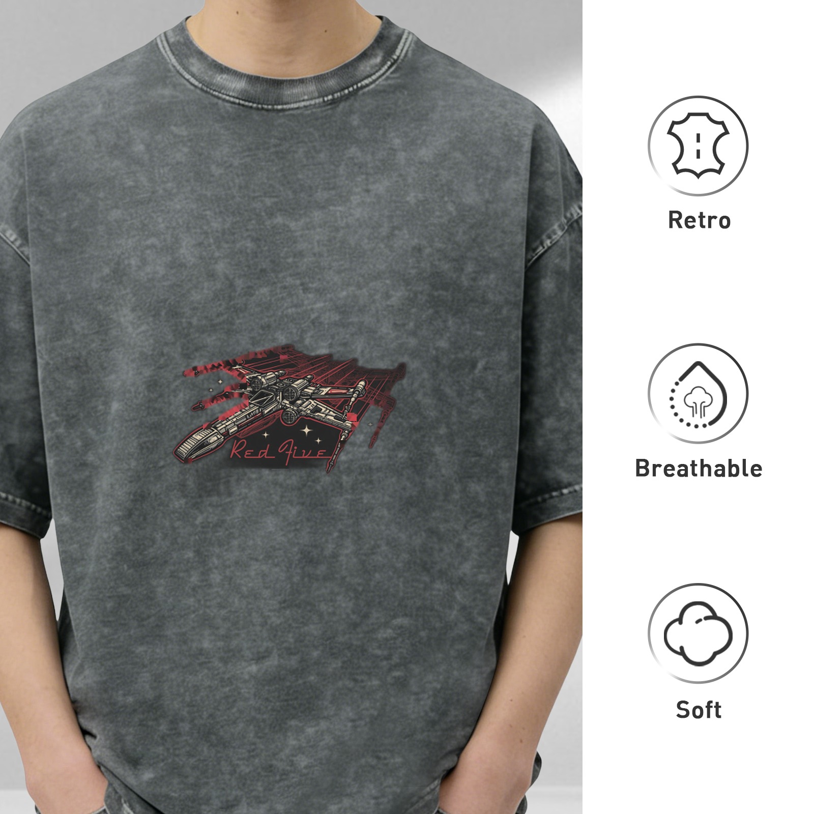 Washed Black Oversized T-Shirt with Star Wars Red Five X-Wing Graphic