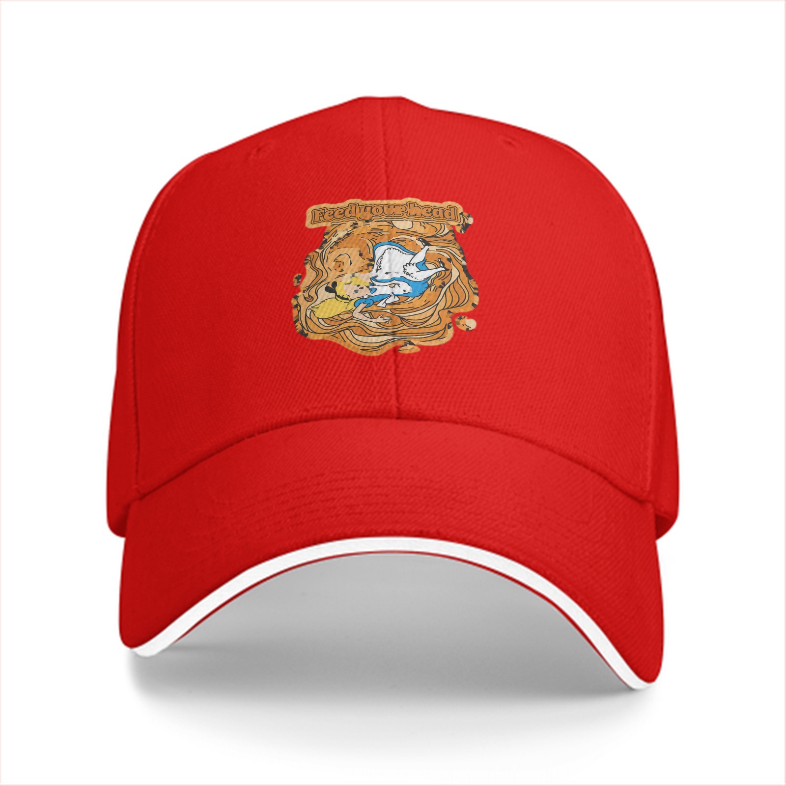 Black baseball cap with whimsical illustrated character design