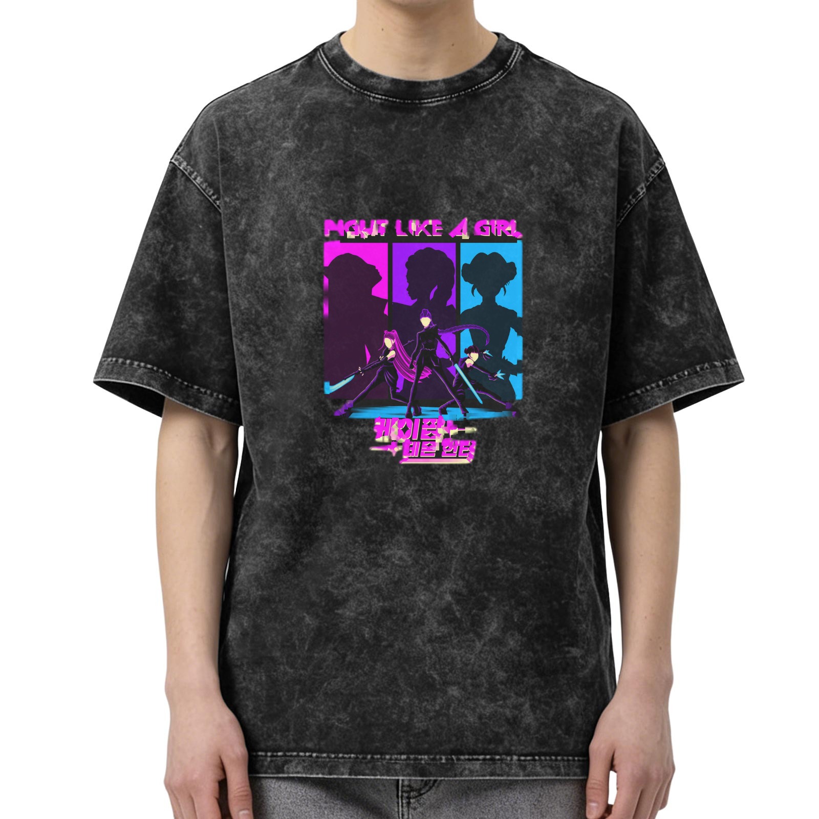 Washed Black T-Shirt with Move Like A Girl Anime Graphic Design