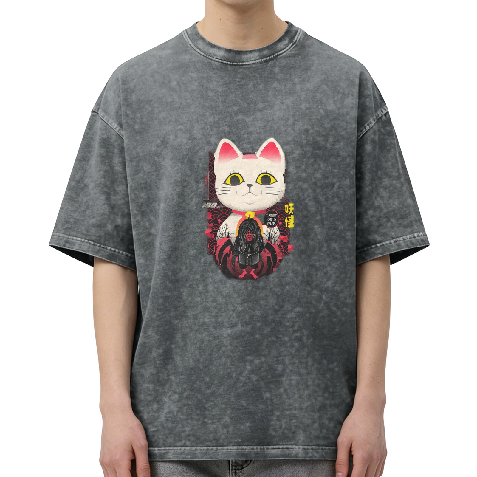 Washed black graphic t-shirt with maneki-neko and yokai design