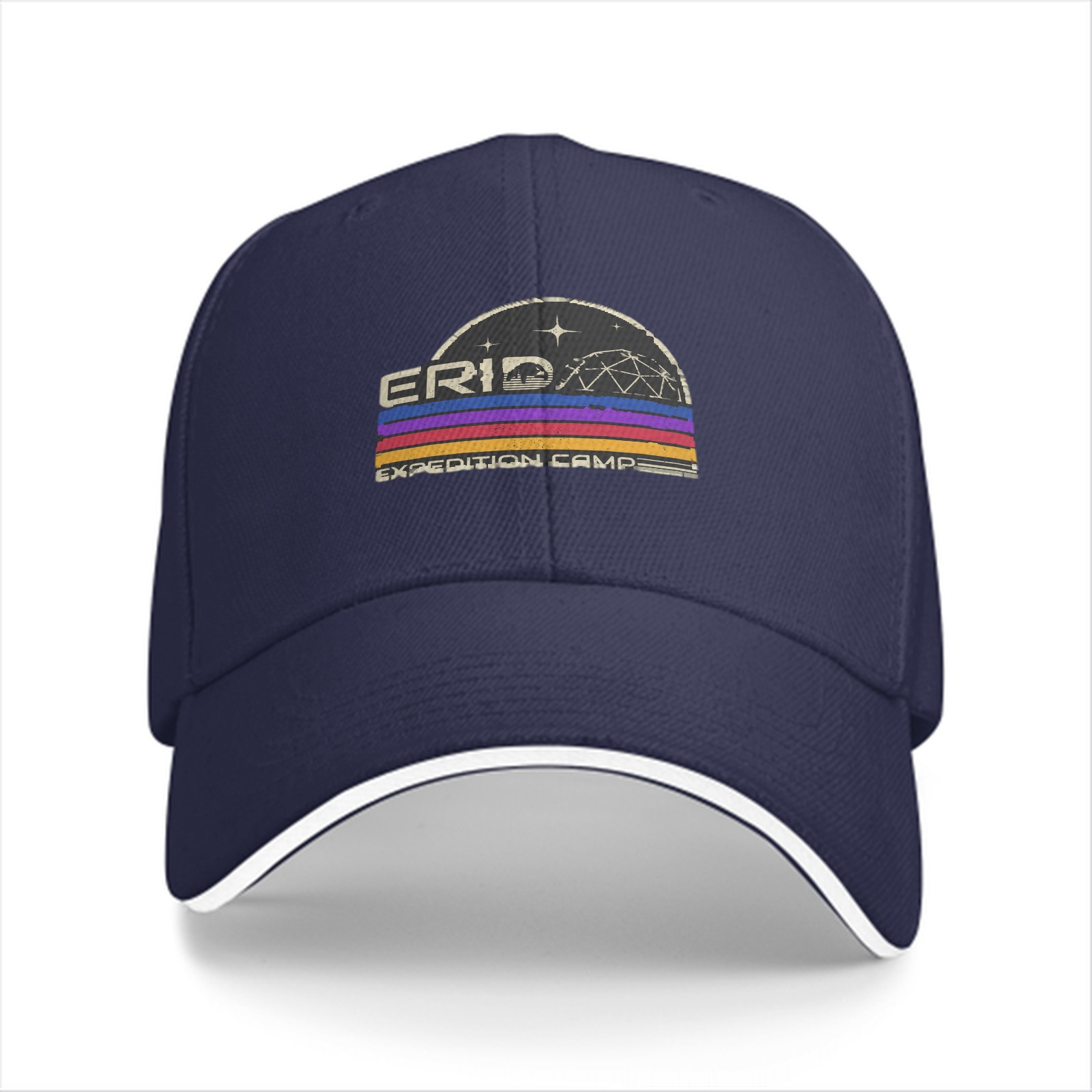 Black baseball cap with retro Erid Expedition Camp graphic