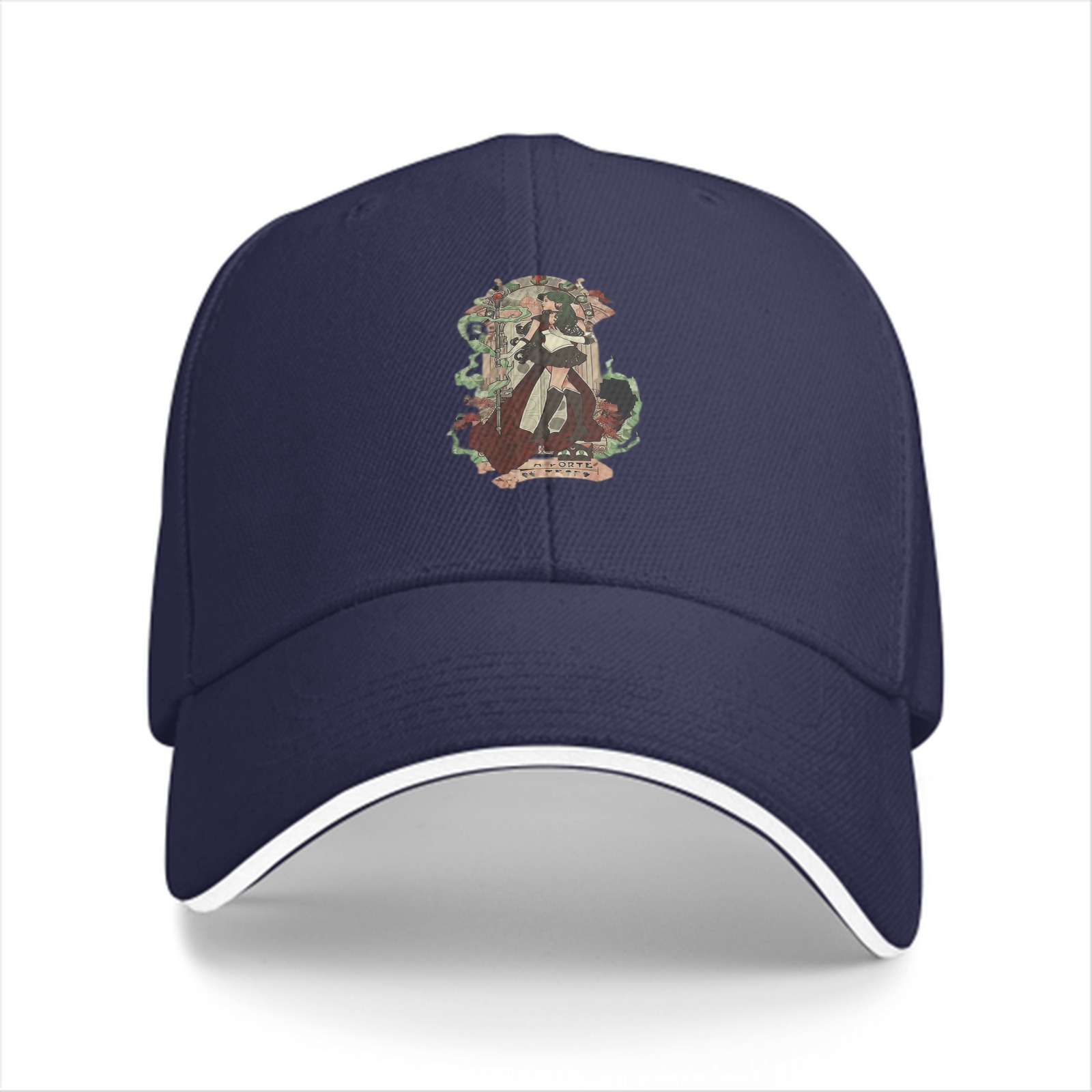 Black Baseball Cap With Fantasy Anime Character Graphic Print