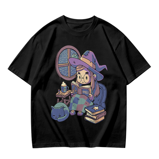 Olive t-shirt with cozy reading witch and cat graphic