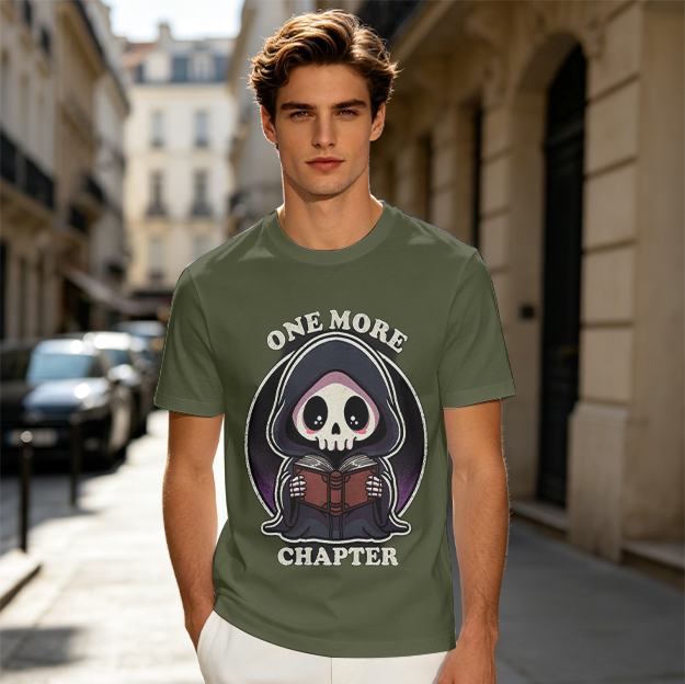 Olive t-shirt with cute grim reaper reading 'One More Chapter'