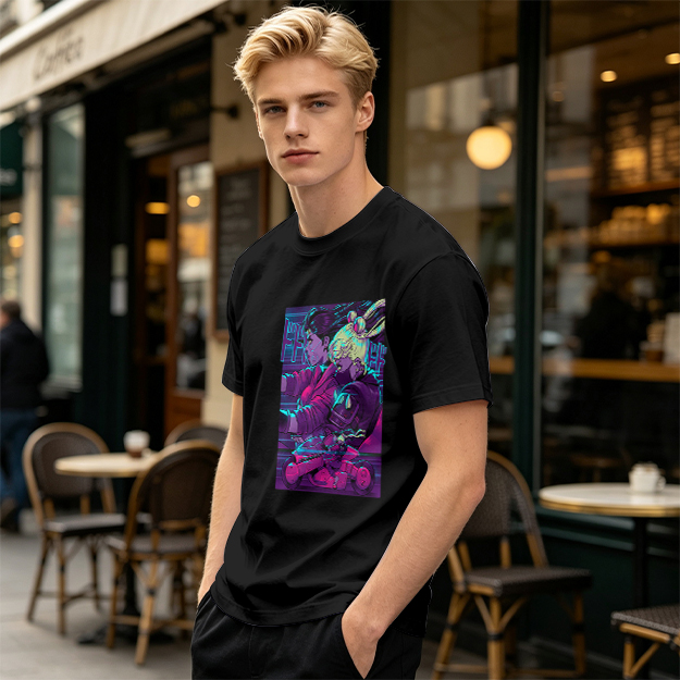 Olive T-shirt with Neon Cyberpunk Anime Character Print
