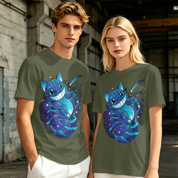 Olive T-shirt with Galaxy Cheshire Cat Graphic Print