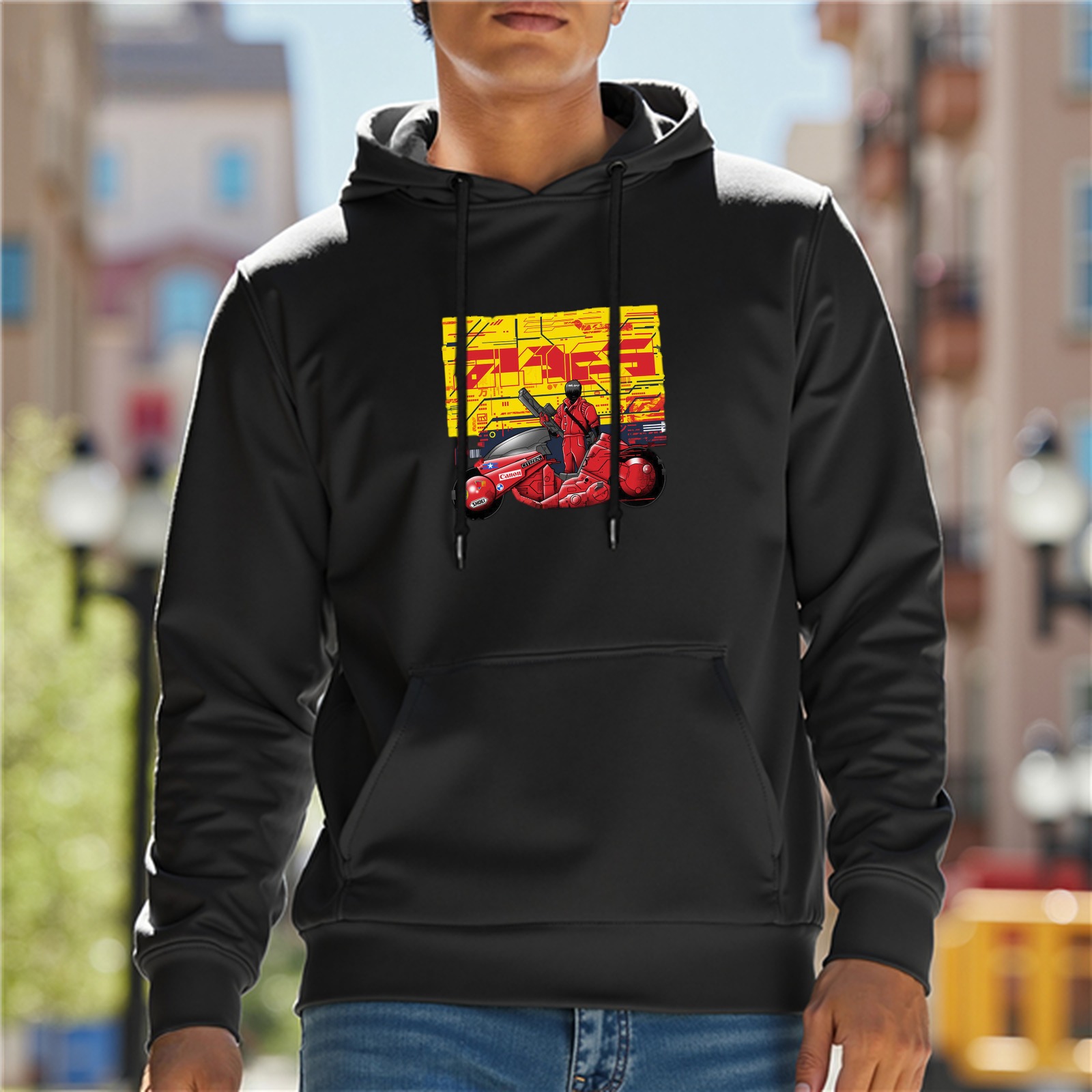 Black hoodie with anime motorcycle graphic print