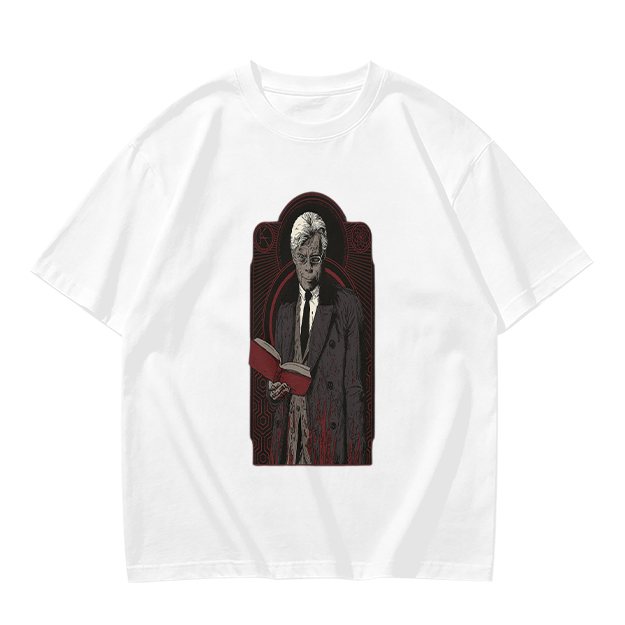 Olive T-shirt with Gothic Figure Holding Red Book Print