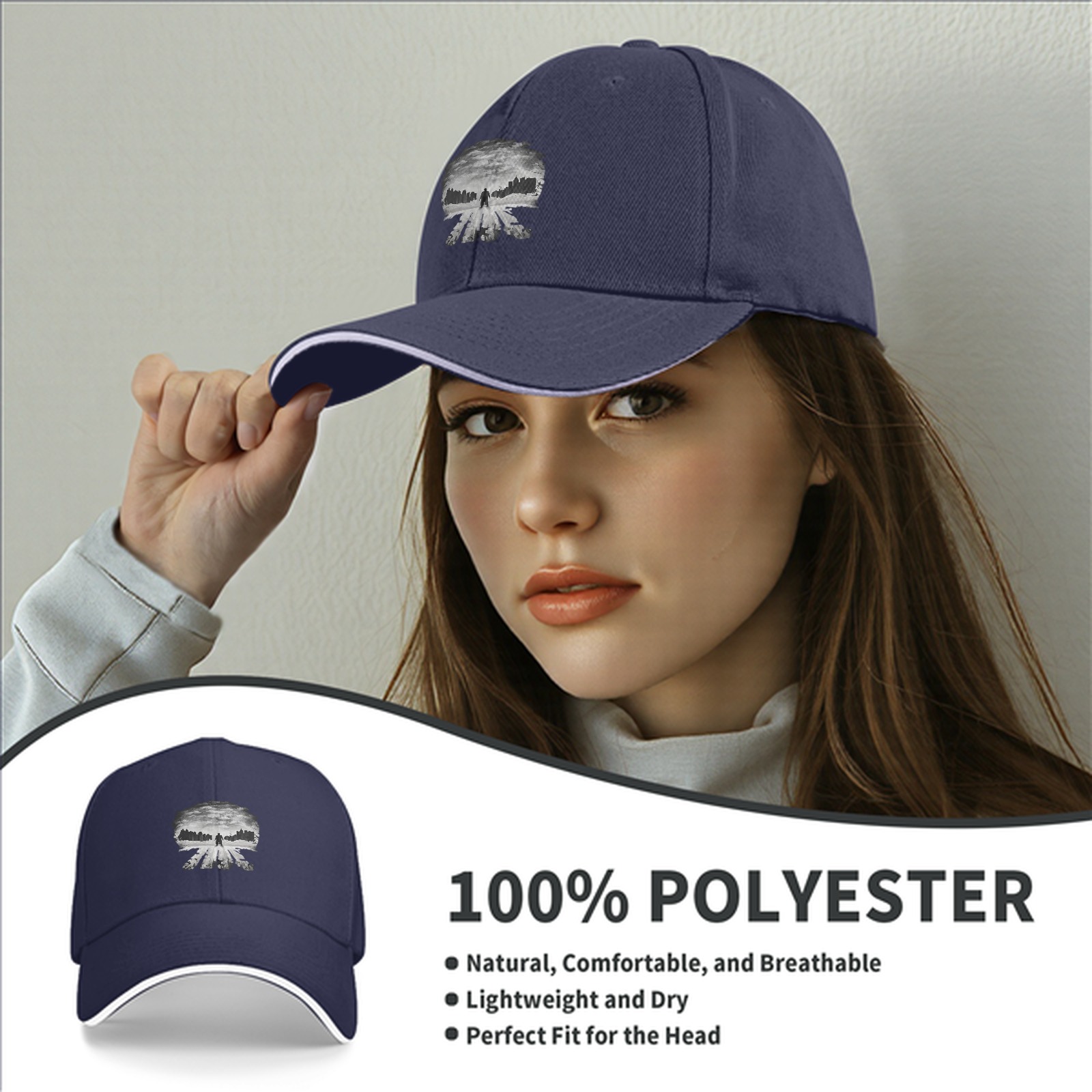 Black baseball cap with Punisher skull cityscape graphic