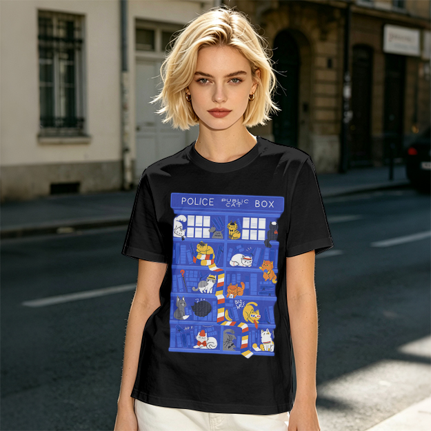 Olive T-Shirt with Police Box and Playful Cats Graphic