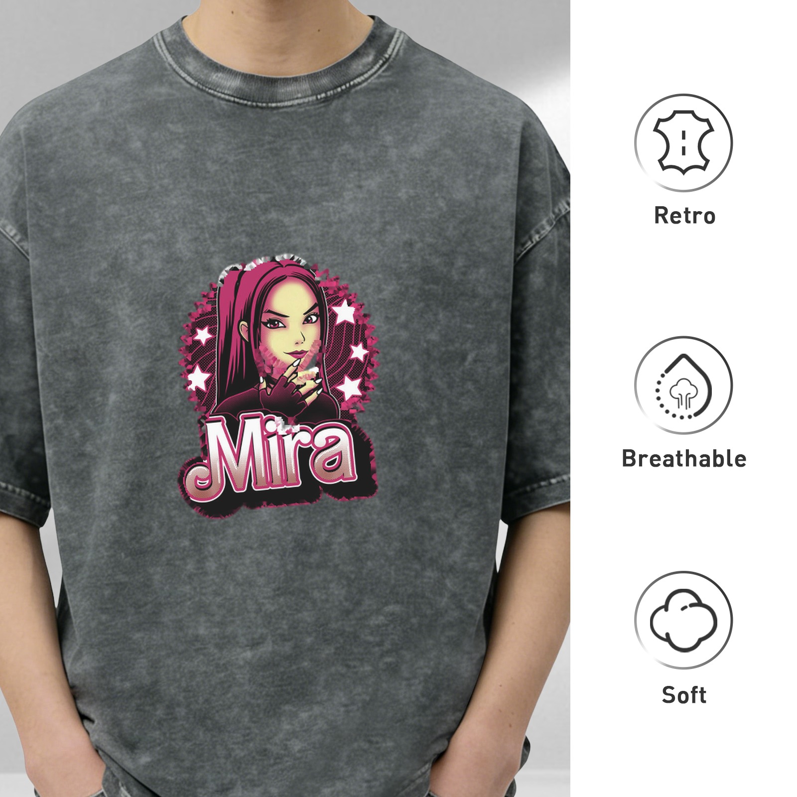 Washed Black Graphic T-Shirt with Mira Anime Girl Print