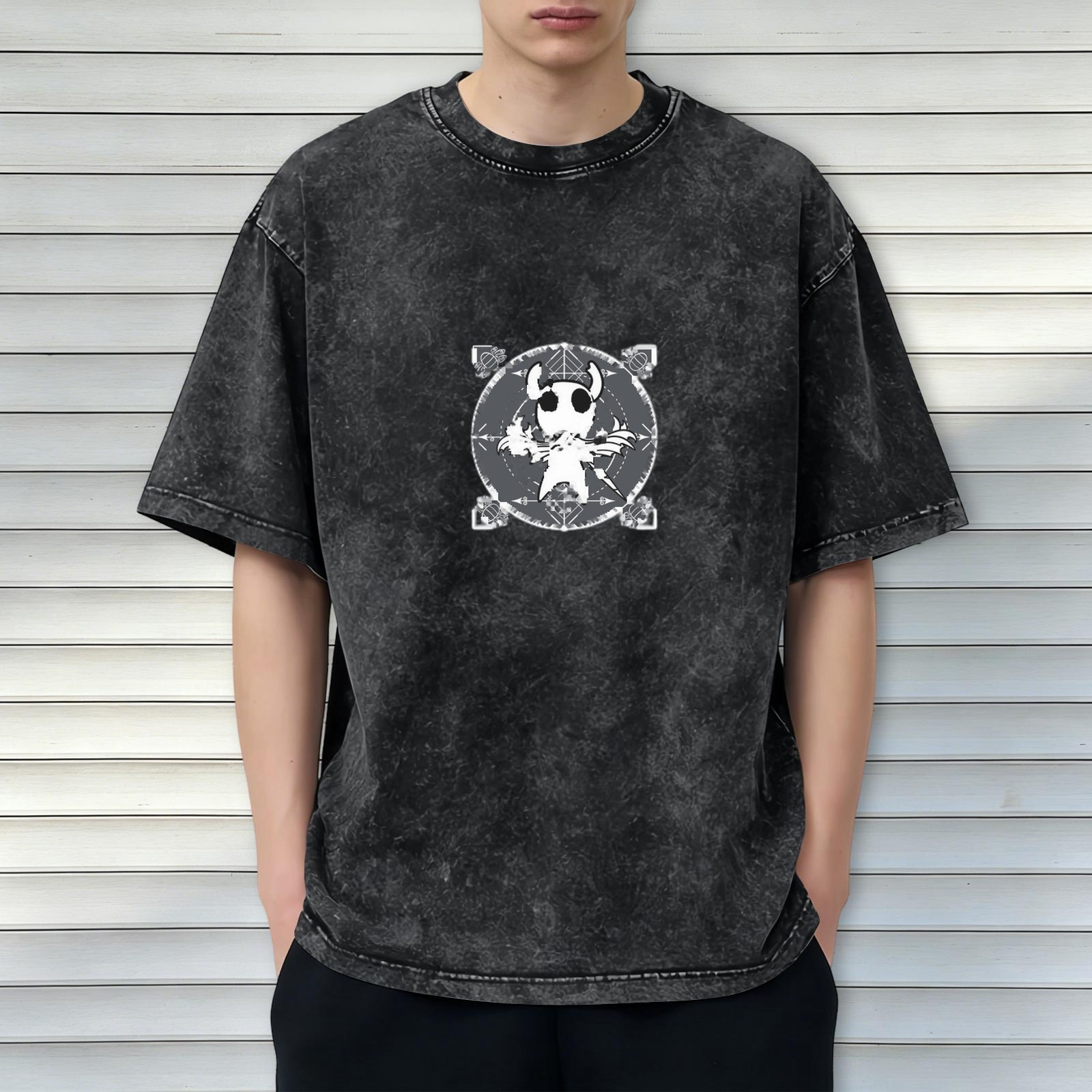 Hollow Knight themed distressed washed black loose short-sleeved T-shirt