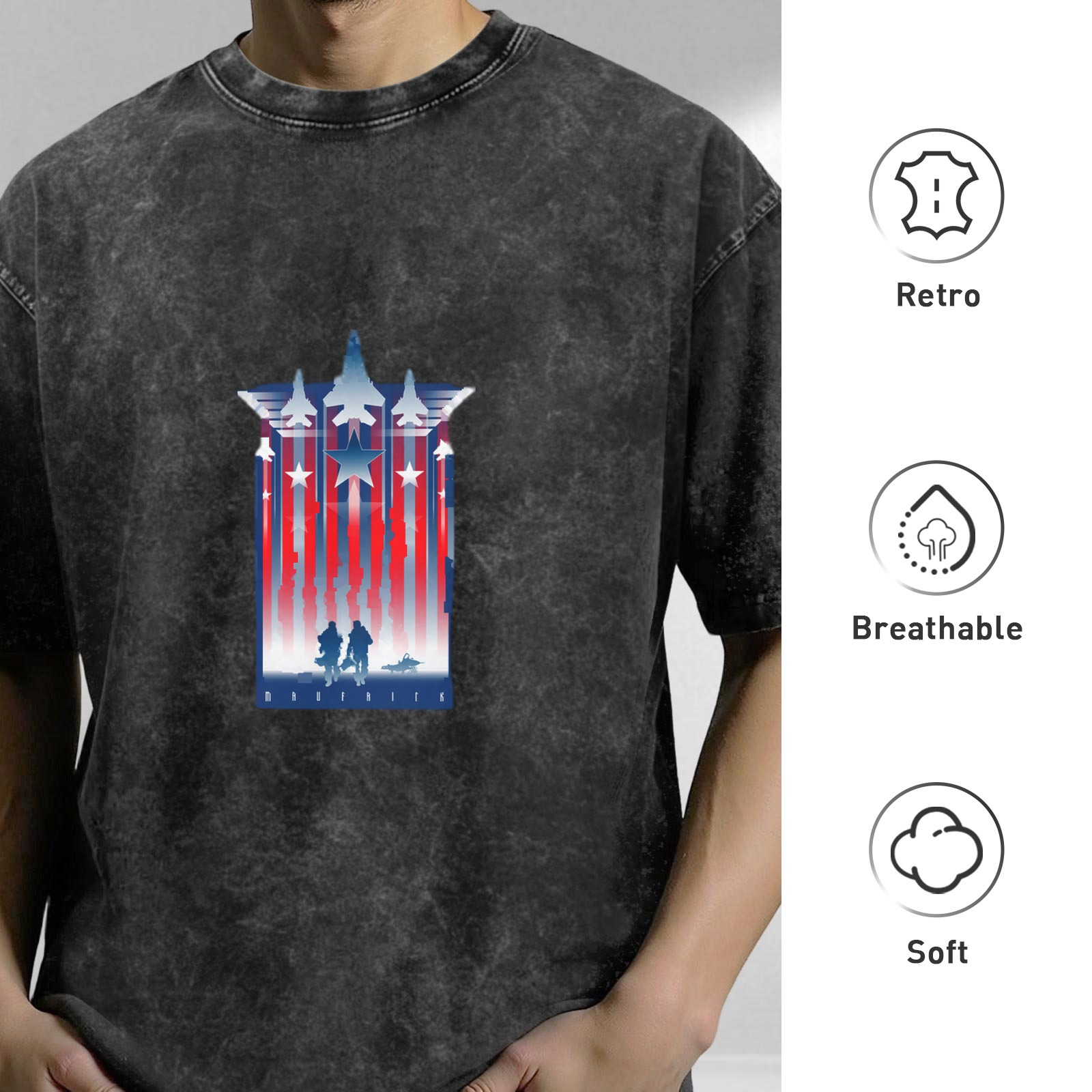 Oversized Black Acid Wash T-Shirt With Patriotic Military Jet And Soldier Graphic