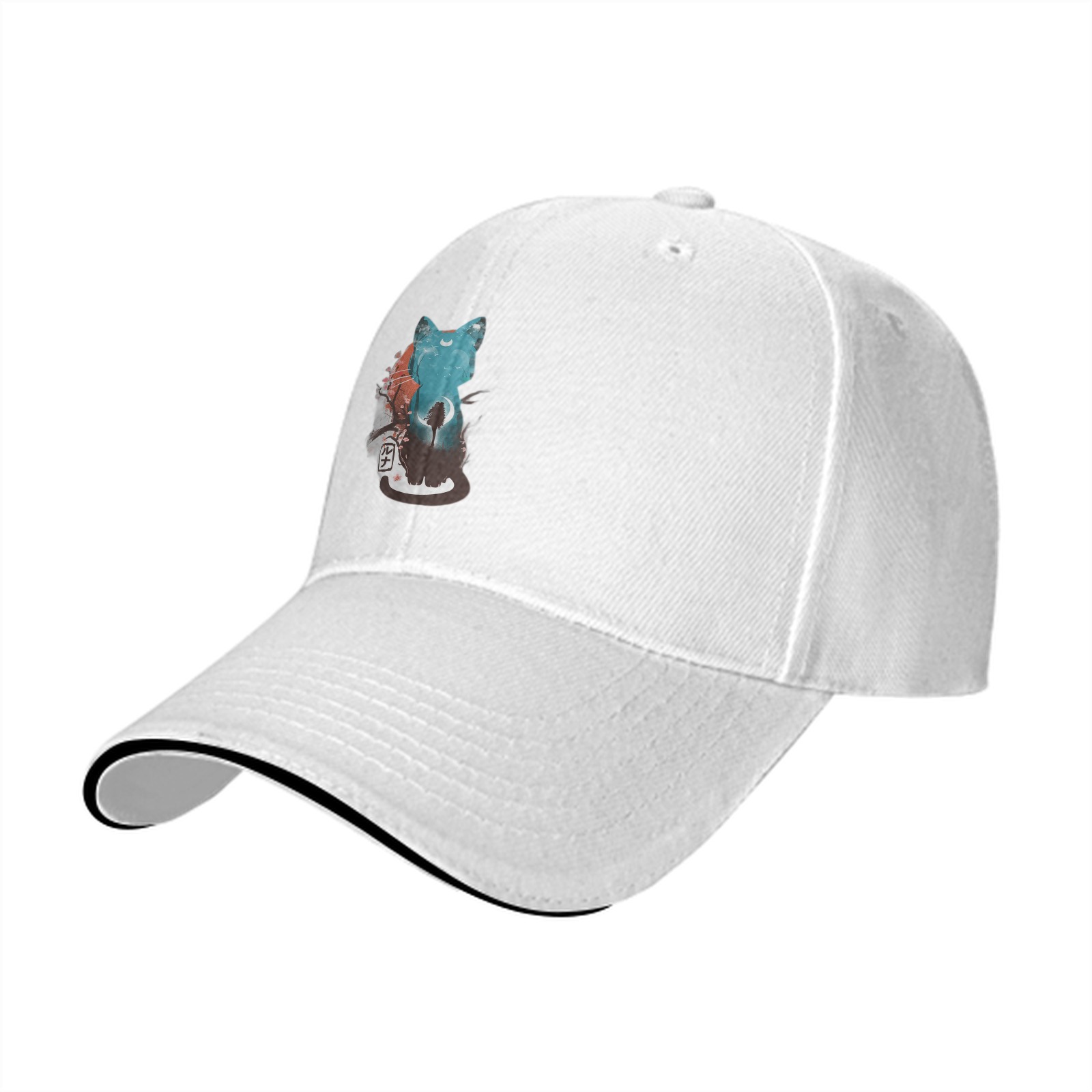 Black baseball cap with artistic cat graphic design
