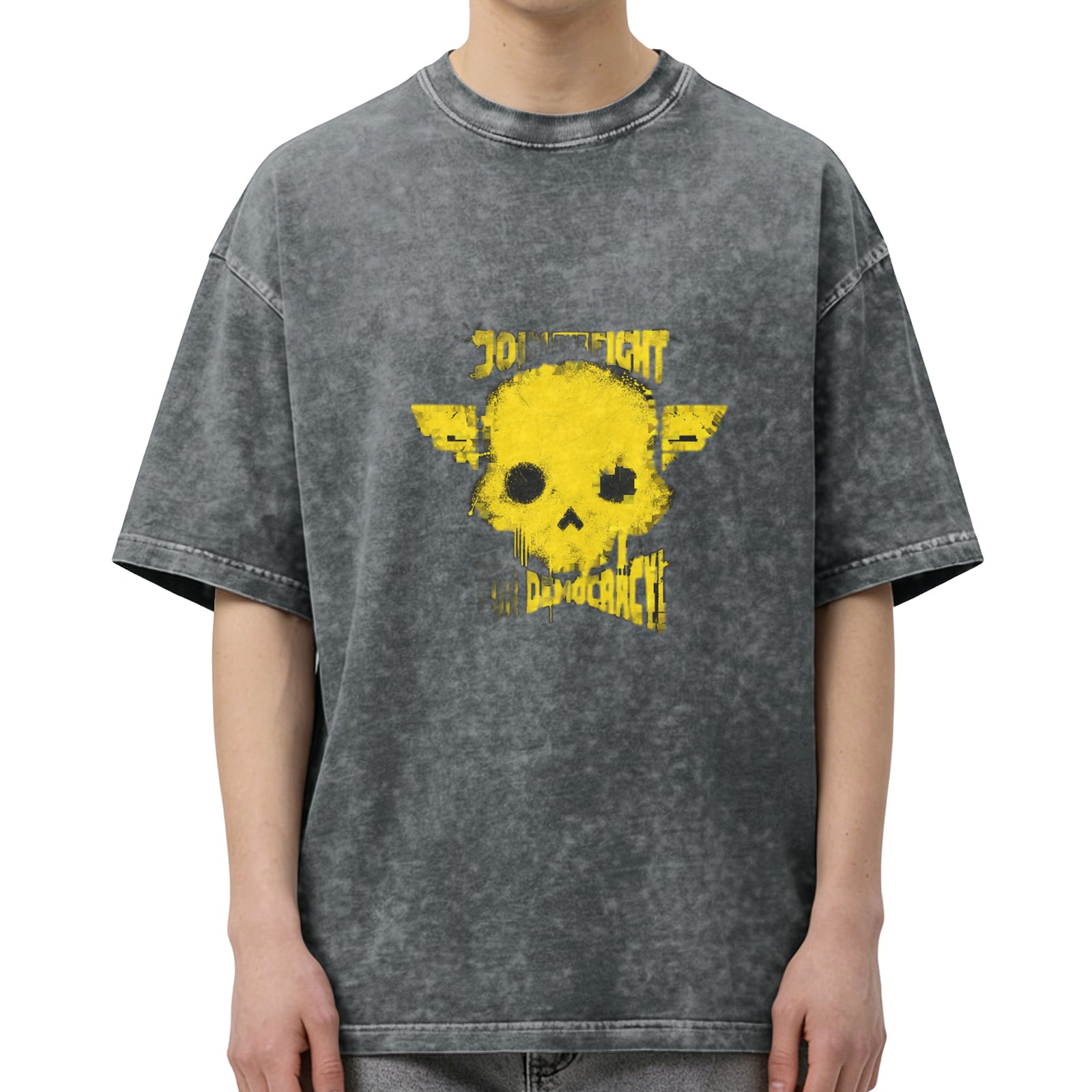 Distressed washed black short-sleeved T-shirt Hellraiser 2 Join Fight Democracy skull printed loose top