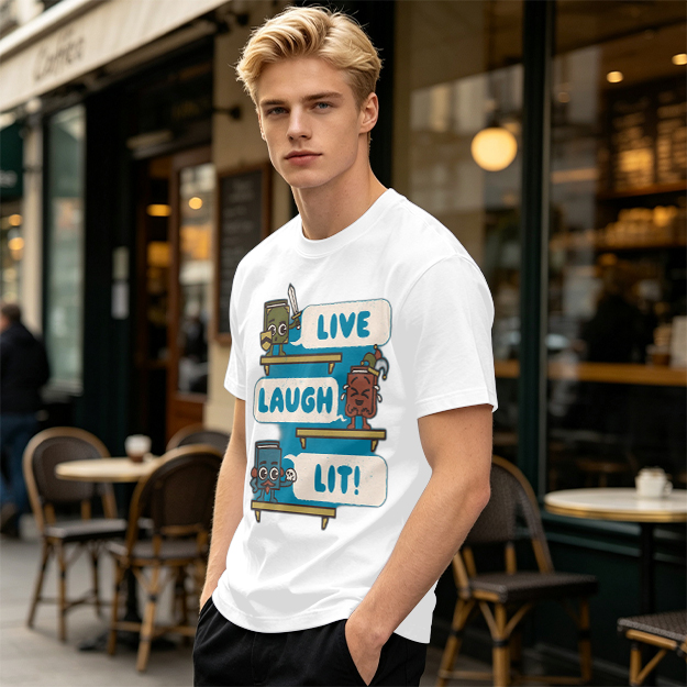 Olive T-Shirt With Cartoon Books 'Live Laugh Lit' Graphic
