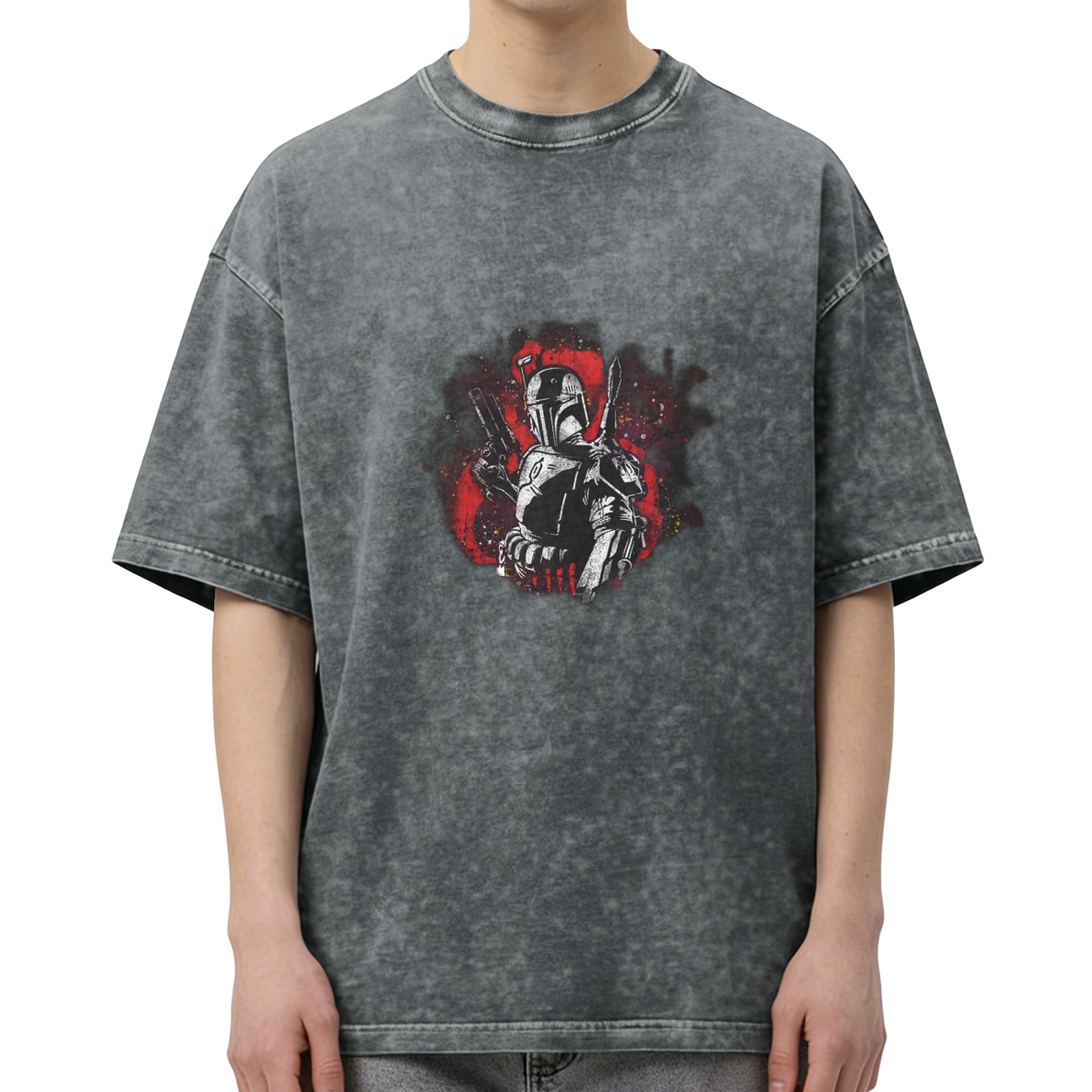 Washed black graphic t-shirt with armored bounty hunter print