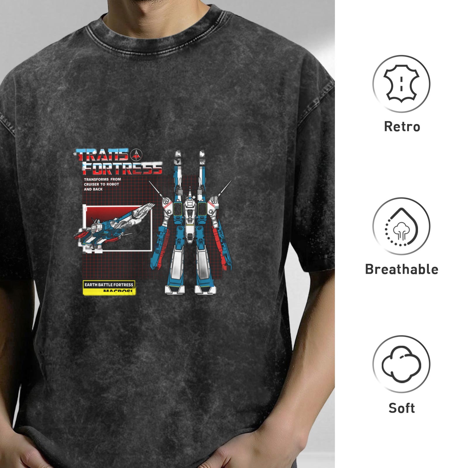 Retro distressed washed black short-sleeved T-shirt Battlestar mecha-themed printed loose top
